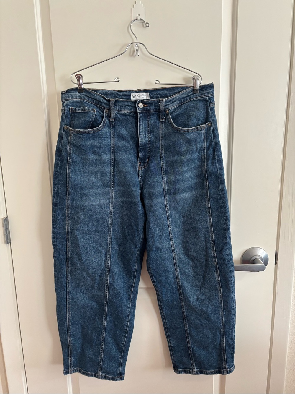 Jessica Simpson Women’s Dark Blue High-Rise Seam-Front Barrel Jeans